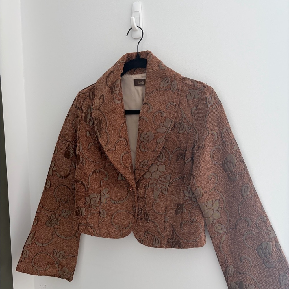 Vintage Womens Brown Floral Cropped Jacket